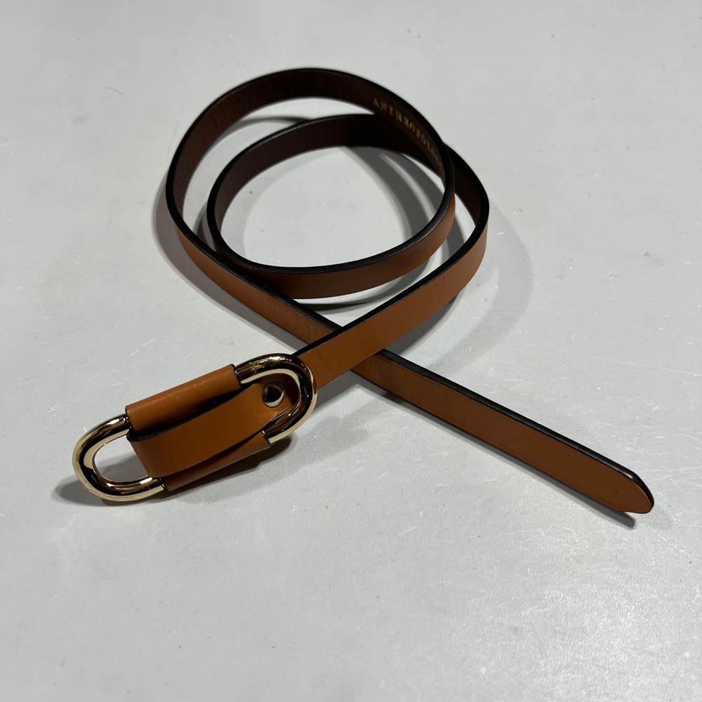 Anthropologie Heritage Old Money Brown Genuine Leather Skinny Belt Gold Buckle S